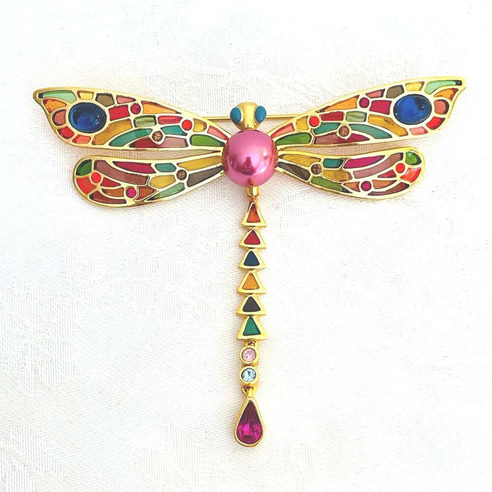 Vtg Y2K Joan Rivers Dragonfly Faux Pearl Crystal Brooch Pin Gold Plated 90s